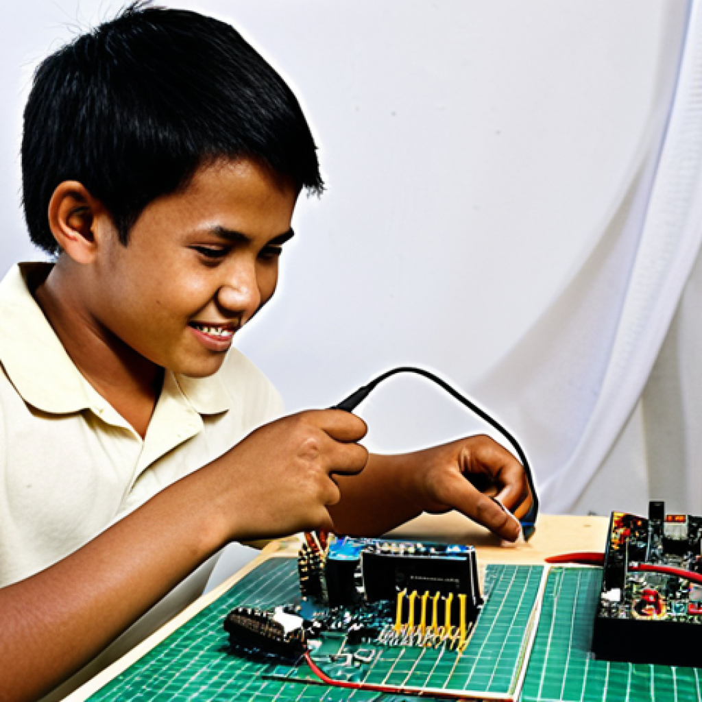 **Prompt:** A young Malay student happily working on an electronics project in a well-equipped workshop. Focus on circuit board, soldering iron, and various electronic components. Include a certificate related to "Asas Elektronik" (Basic Electronics) in the background, subtly displayed on a wall. The overall mood should be bright and encouraging, symbolizing opportunity and future career prospects.