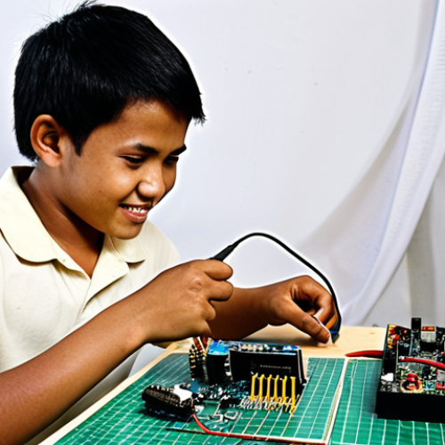 Home 3 **Prompt:** A young Malay student happily working on an electronics project in a well-equipped workshop. Focus on circuit board, soldering iron, and various electronic components. Include a certificate related to "Asas Elektronik" (Basic Electronics) in the background, subtly displayed on a wall. The overall mood should be bright and encouraging, symbolizing opportunity and future career prospects.