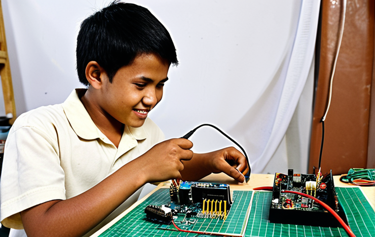 **Prompt:** A young Malay student happily working on an electronics project in a well-equipped workshop. Focus on circuit board, soldering iron, and various electronic components. Include a certificate related to "Asas Elektronik" (Basic Electronics) in the background, subtly displayed on a wall. The overall mood should be bright and encouraging, symbolizing opportunity and future career prospects.